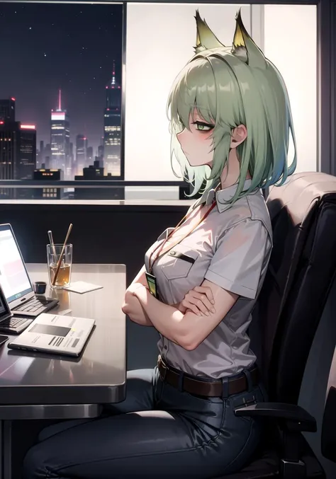 masterpiece, best quality, 
night, night sky, indoors,office, window, cityscape, 
from side, 
1girl, solo,sitting on chair,crossed arms, near desk,
 <lora:KaltsitArkv1:1> KaltsitAK,
kaltsit (arknights),short hair, animal ears, bangs, green hair, green eyes...