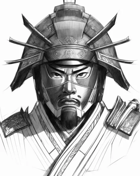 sketch artstyle, a japanese samurai wearing a traditional futuristic armor, headshot, looking at camera, monochrome, white background, highly detailed, strong contrast, (very bright image:1.3), sunshine, overexposure, overexposed, BREAK
<lora:LowRA:0>