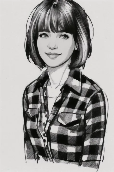 sketch artstyle, graycale, monochrome, 1girl, standing, relaxed pose, sketch of maxcaulfield, solo, gray shirt, brown hair, short hair, plaid shirt, striped shirt, lips, plaid, blue eyes, nose, red shirt, bangs, open clothes, looking to viewer, bangs, <lor...