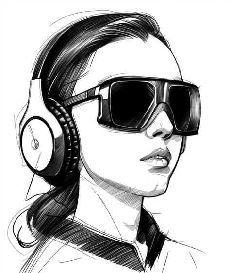 a drawing of a woman wearing headphones and sunglasses