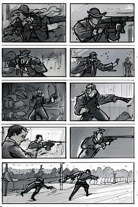 storyboard_style, the magnificent life of indiana, gunslingers action scene, traditional media <lora:Storyboard:1>