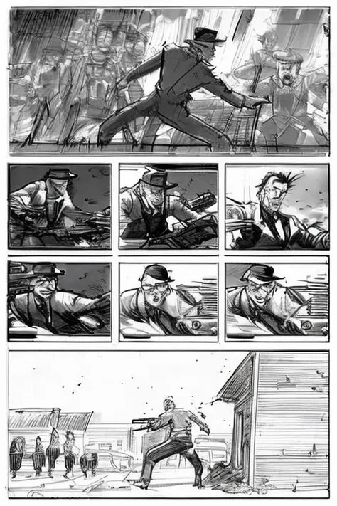 storyboard_style, the magnificent life of indiana, gunslingers action scene, traditional media <lora:Storyboard:1>