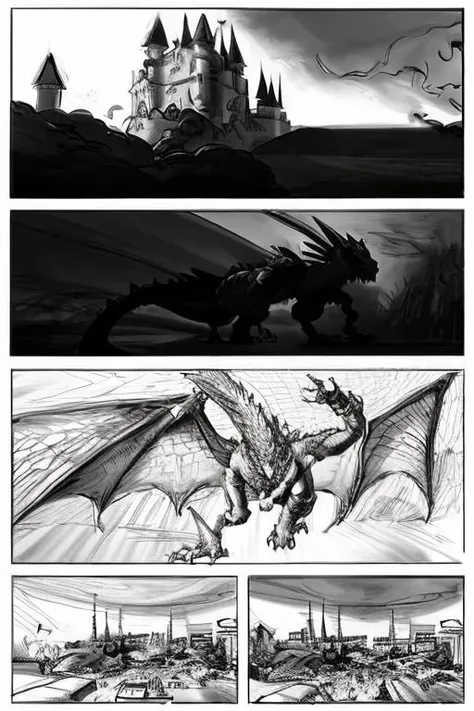 storyboard_style, dragon attack castle <lora:Storyboard:1>