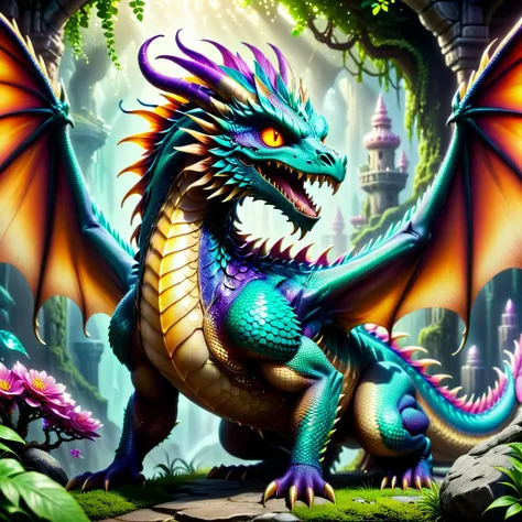 In a surreal landscape, a mighty Bitchins dragon, with a scaly skin and a slender body, stands tall, surrounded by intricate gemstone artifacts. The dragons eyes are closed, and its tongue lolls out of its mouth as it gazes out at the world below. The scen...