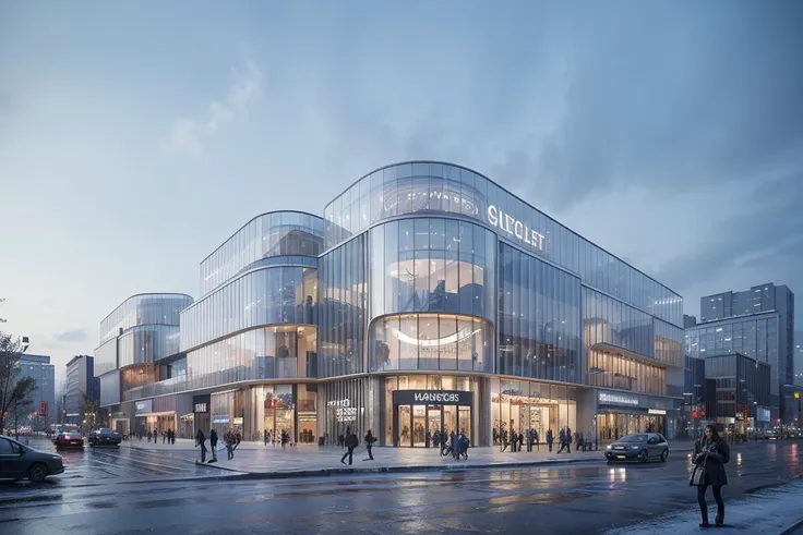 a rendering of a large glass building with a lot of people walking around it