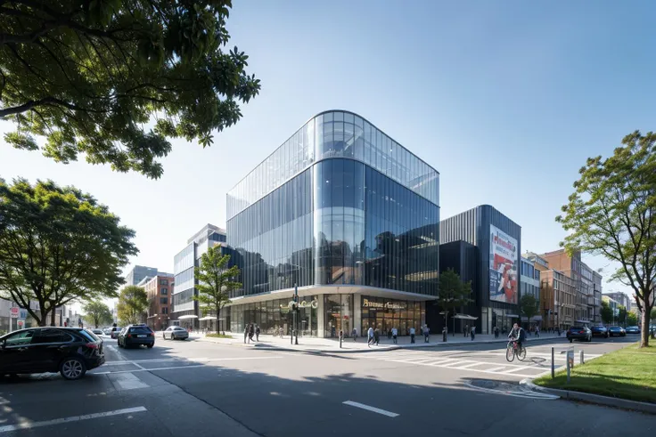 a view of a large glass building with a lot of windows