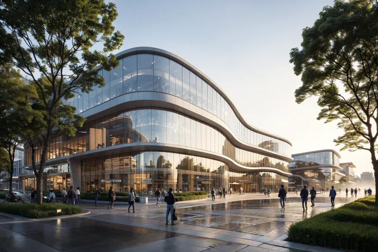 a rendering of a large building with a curved glass facade