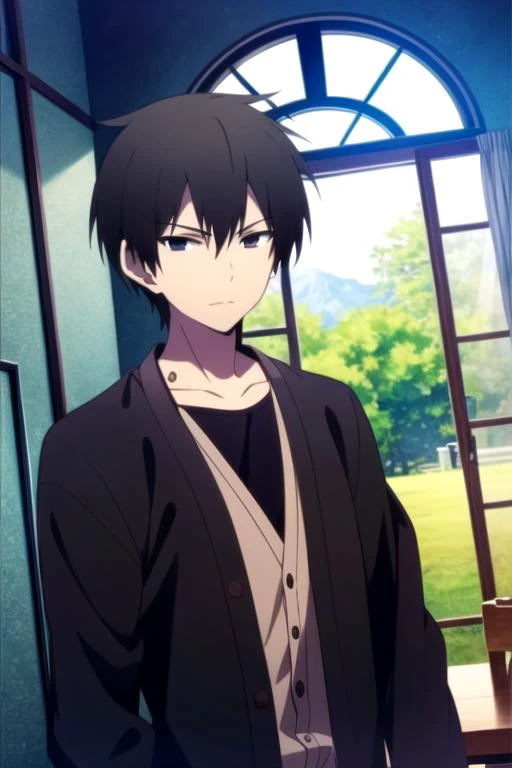 masterpiece, best quality, game cg, 1boy, solo, male focus, looking at viewer, upper body, , anime coloring, , <lora:kaikoku_onigasaki:0.68>, kaikoku_onigasaki, black hair, black eyes, , cardigan, , The Vale of Shadows: A dark and foreboding valley where n...