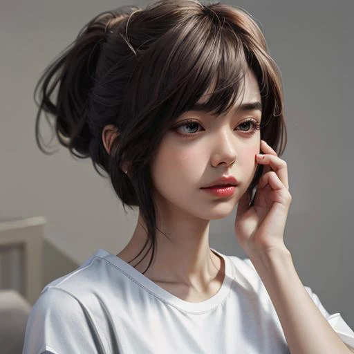 girl,<lyco:eyedirectionV1.8:0.3>,eyedirection,eyes down looking below,(plain shirt:1.4),(solo, portrait:1.2),(best quality, high quality:1.1),ultra detailed 8k cg,realistic,portrait,