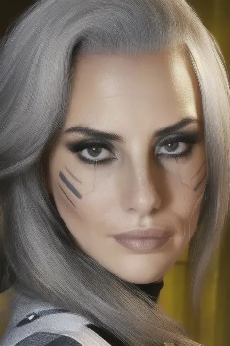 a close up of a woman with grey hair and a cat face