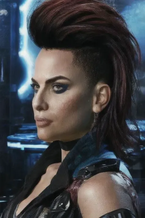 a close up of a woman with a mohawk and leather jacket