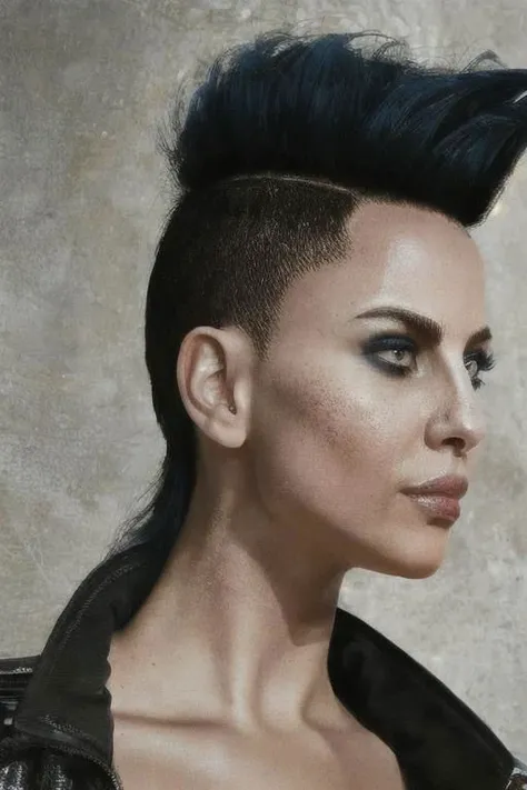 a close up of a woman with a mohawk and a leather jacket