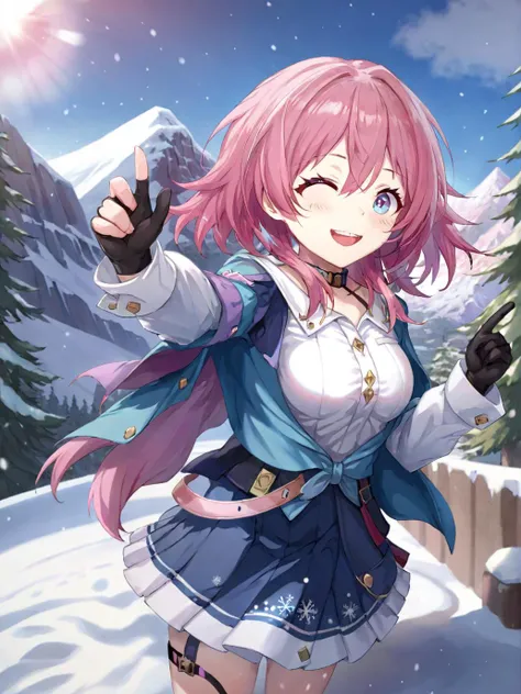 (masterpiece, best quality:1.2), (nanoka3:1.4), 1girl, solo, mugshot, pink hair, white shirt, (blue skirt, jacket:1.2), medium hair, pink eyes, <lora:Nanoka3XL_v010:0.8>, smile, single glove, (finger gun:1.2), snow, snowy mountain, one eyes closed,