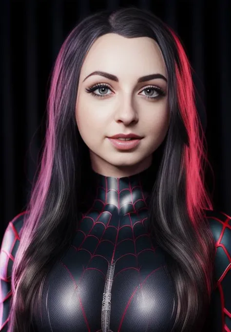 portrait of gibiasmr in a black symbiote spiderman skin-tight suit, supersuit, (full body portrait), wearing a choker, photo realistic, highly detailed, high resolution textures, cute face, dramatic lighting, detailed eyes