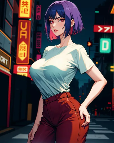 ((adult:1.3), (mature:1.2), (MILF:1.1)), (tall, tight, thick thighs, small breast, seductive face), staring at viewer, candid,  (futuristic, neon lights, screen, outdoors, streets), oversize t-shirt, baggy trousers, tourist,(mixed color hair), (colorful ha...