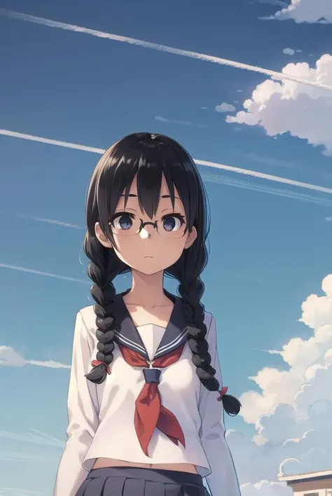 sakiyoshida, <lyco:sakiyoshida-lyco-nochekaiser:1>,
saki yoshida, long hair, braid, (twin braids:1.5), (glasses:1.2), hair between eyes, (black eyes:1.5), black hair, (hair over shoulder:1.5),
BREAK skirt, pleated skirt, serafuku, shirt, blue shirt, long s...