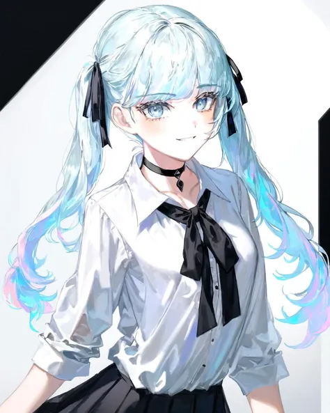 mksks style, 1girl, iridescent theme, twintails, black ribbon, opal eyes, miniskirt, gothic fashion, white dress shirt, open collar, swept bangs, smirk, looking at viewer, black choker, black skirt, (masterpiece, best quality, high quality), <lora:Quasarca...