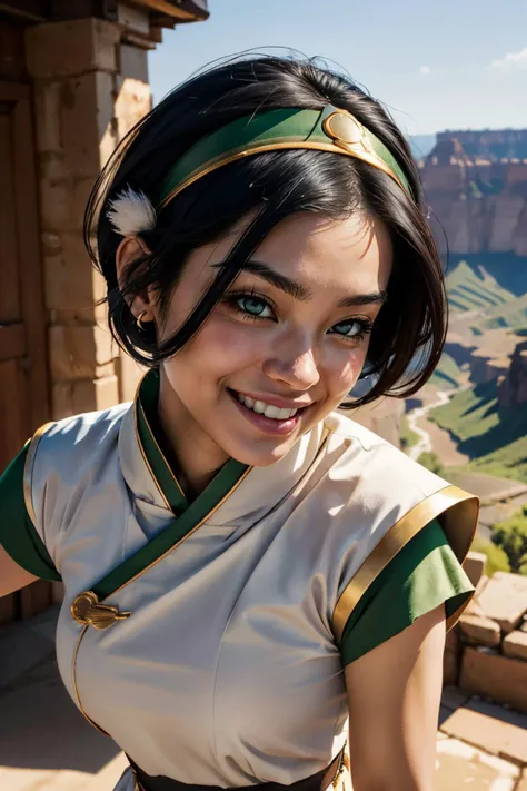 toph bei fong, short black hair, white eyes, headband,hair ornament, blind, green chinese clothes, tunic, smiling, close up, outside, canyon, natural lighting, high quality, masterpiece, 
 <lora:Toph:.7>