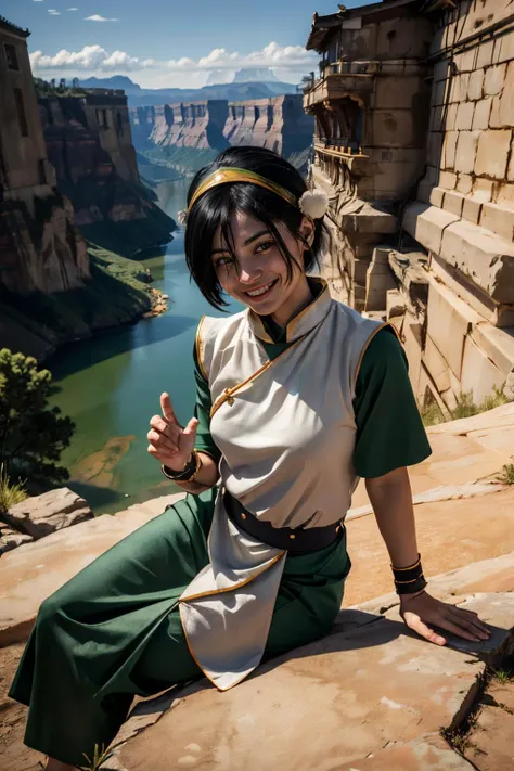 a woman in a green and white outfit sitting on a ledge