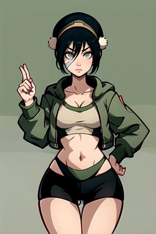 <lora:Toph:1> toph, 1girl, solo, breasts, looking at viewer, short hair, bangs, simple background, black hair, white background, navel, cleavage, hair between eyes, medium breasts, jacket, hairband, open clothes, shorts, midriff, hair bun, open jacket, ske...