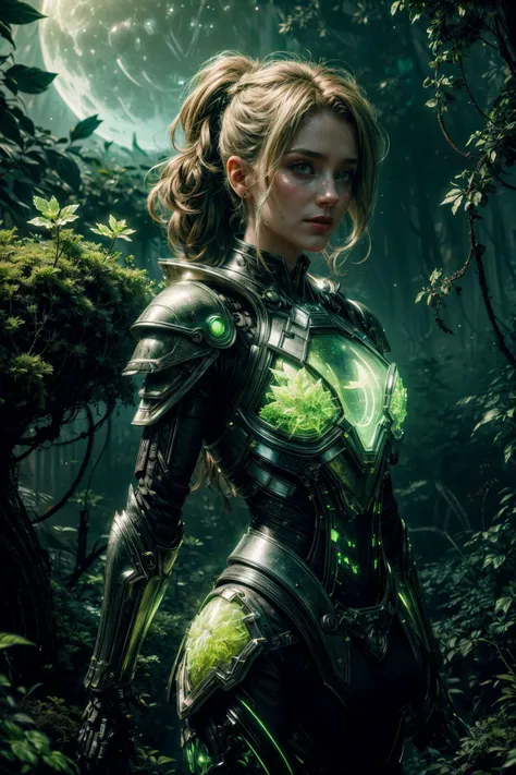 a woman in a green suit standing in the woods