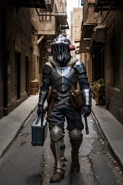 a close up of a person in a suit of armor walking down a street