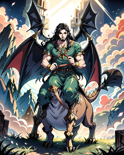 ((masterpiece), best quality, high quality, professional quality, highly detailed, highres, perfect lighting, natural lighting), (1boy, slender, handsome, long beard, long hair, black hair), wearing fantasy clothing, riding a dragon, outdoors