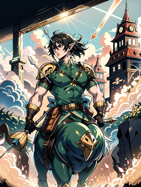 ((masterpiece), best quality, high quality, professional quality, highly detailed, highres, perfect lighting, natural lighting), male centaur, charging, bow and arrow drawn, in battle against goblins