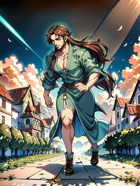 ((masterpiece), best quality, high quality, professional quality, highly detailed, highres, perfect lighting, natural lighting), (1boy, slender, handsome, long beard, long hair, brown hair), wearing wizard robes, running, in a fantasy town