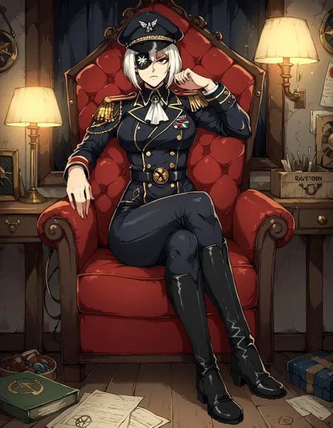 anime - style image of a woman in a military uniform sitting in a red chair