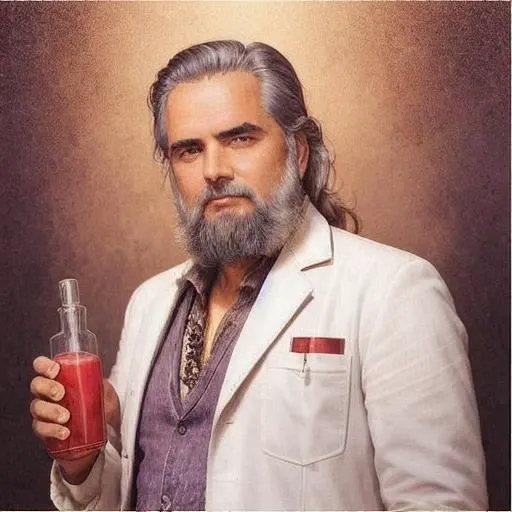 full shot body photo of the most beautiful artwork in the world featuring alchemist jay miner holding a potion bottle with red liquid and gold glitter, serious, ((short stubble beard)), stubble mustache, white outfit, lab coat, fantasy, Intricate, High Det...