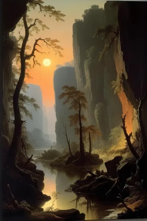 , <lora:Joseph Wright Of Derby Style:1> Joseph Wright Of Derby Style, swamp valley surrounded by high rocky cliffs, 
dawn,
dawn,