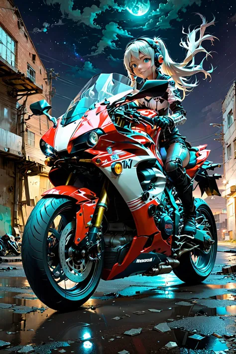 anime girl on a red motorcycle in a city at night