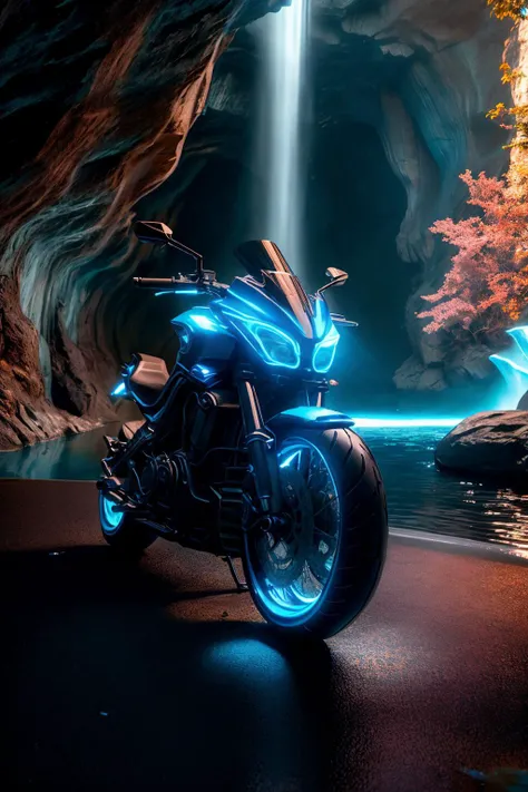 <lora:FutureSuperBike_v3-000009:1> masterpiece, photorealistic highly detailed 8k photography, best cinematic quality, volumetric lighting, volumetric shadows, Malibu Blue ftsbk, neon lighting, Hidden Waterfall Grottos background, Extreme long shot