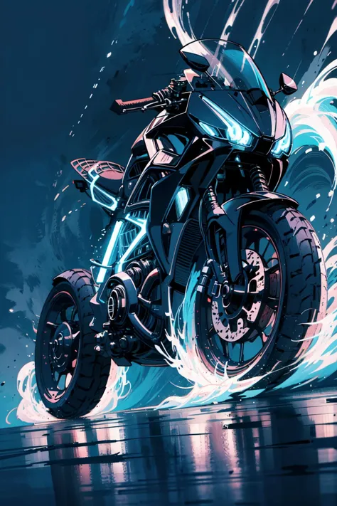 motorcycle with blue lights on it driving on a wet road