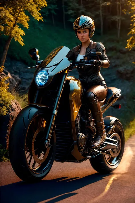 masterpiece, photorealistic highly detailed 8k photography, best cinematic quality, volumetric lighting, volumetric shadows, <lora:FutureSuperBike_v3-000009:1> short hair medium brown non-binary riding Linen ftsbk, feeling of speed,  Enchanted Fairy Pools ...