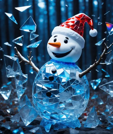 Psychedelic style, long exposure shot, Made_of_pieces_broken_glass transparent sculpture of a Snowman with santa hat, focus on a Snowman, glass,crack,broken glass, cold blue colors, electric waves, magic atmosphere, (perfectly drawing hands), at the night ...