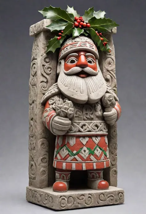 a close up of a statue of a santa claus with holly