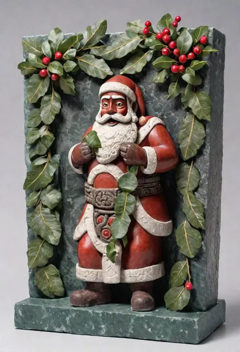 Santa Claus Mayan Stone Sculpture, decorated with mistletoe