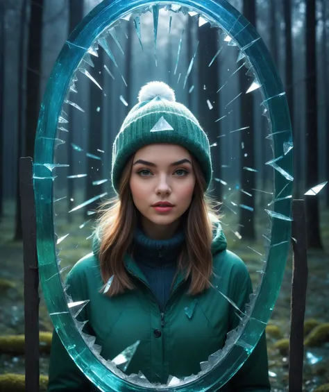 long exposure shot, Made_of_pieces_broken_glass transparent sculpture of a stworki beautiful girl in a green santa hat and warm coat crossing the mirror, focus on a stworki, glass,crack,broken glass, cold blue colors, electric waves, magic atmosphere, (per...