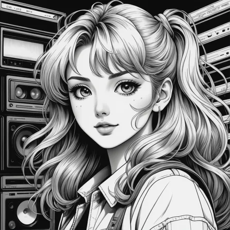 (80s style:0.65) (hand drawn, anime,:1.2) (girl:0.8), analogue VHS distortion, intricately detailed linework,