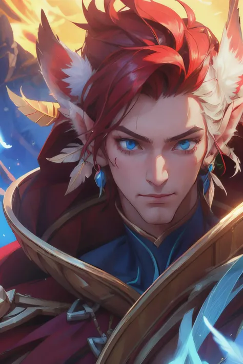 rakan, 1 boy, white red  hair, red cape, feather,  man focus, League of Legends, rakan(League of Legends), blue eyes,  white facial hair, white beard,  (hair cover ears, feather ears:1.4),  <lora:20231118-1700314626865-0002:0.9>, depth of the field, (best ...