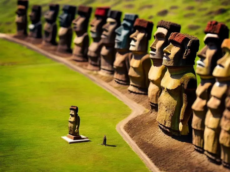 a close up of a row of statues on a grassy field