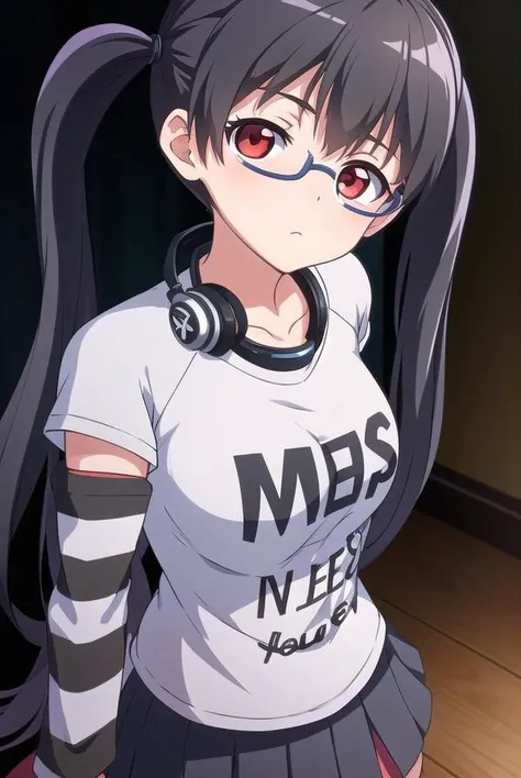 iorikousaka, <lora:iorikousaka-lora-nochekaiser:1>, 
iori kousaka, black hair, twintails, glasses, (red eyes:1.5),
BREAK skirt, thighhighs, pantyhose, (striped sleeves:1.5), shirt, headphones, t-shirt, clothes writing, semi-rimless eyewear, headphones arou...