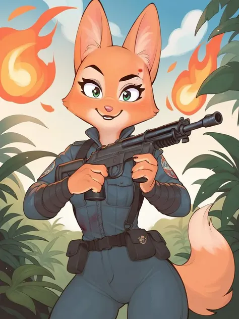 a cartoon fox with a gun in its hand and a jungle background