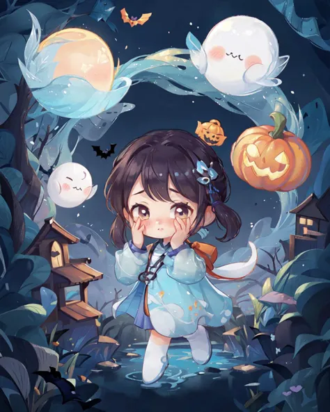 1girl,solo,chinese clothes,chibi,
<lora:è§è²å¯ç±åºåå¹½çµ:0.5>, Cute_Ghost, ghost, floating, halloween, pokemon (creature), cute, 
full body,<lora:é£æ ¼Qçå¤é£:0.8>,
 <lora:å¨ä½é®ä½è¸çå§¿å¿:1>, covering face, ull-face blush, peeking thro...