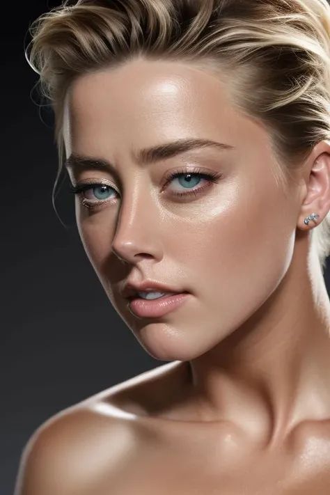 AmberHeard, full color portrait of woman, (oiled shiny skin:1.0), face close up, (undercut hair:1.1), nude,
masterpiece, best quality, sharp focus, highres 8k uhd, ultra-detailed, rim light, deep grey background,
 <lora:AmberHeard:0.7>