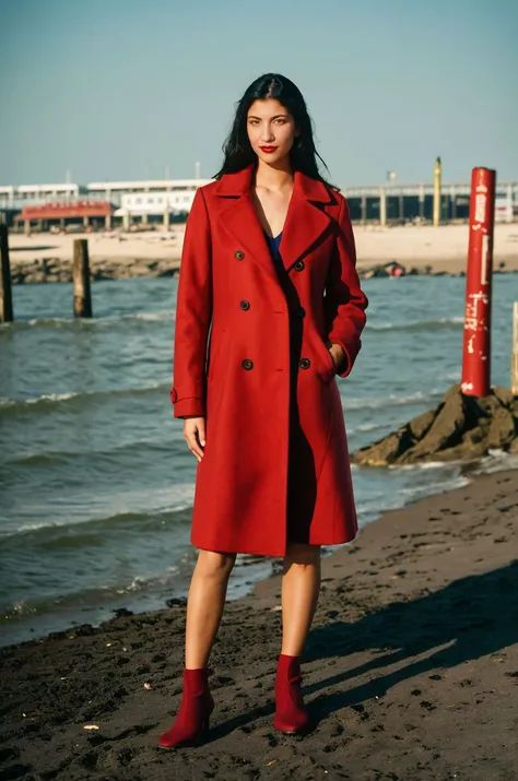 A full color portrait of a 20 year old woman,wearing  a navy blue coat, Noteworthy Coney Island, NYC, packs of beachgoers, lipstick,epic character composition,by ilya kuvshinov, alessio albi, nina masic,sharp focus, subsurface scattering, f2, 35mm, film gr...