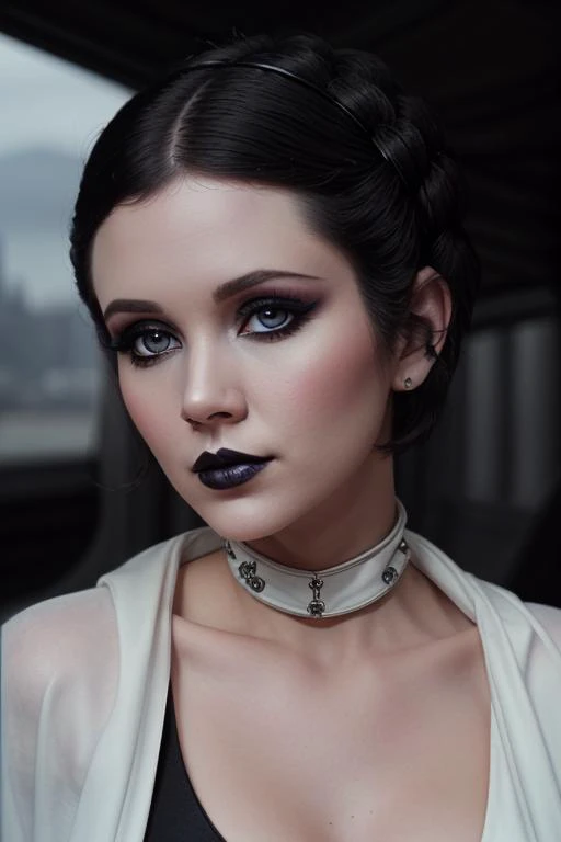 <lora:princessleia-v3:0.4>, princessleia,(epic) , photo of a woman, ((black hair, short hair, pixie cut)), ((outdoors, detailed fantasy city, blue bodysuit, white trim, black cape)),serious, ((dark lipstick, heavy eyeliner, heavy eye shadow, blush, goth ma...