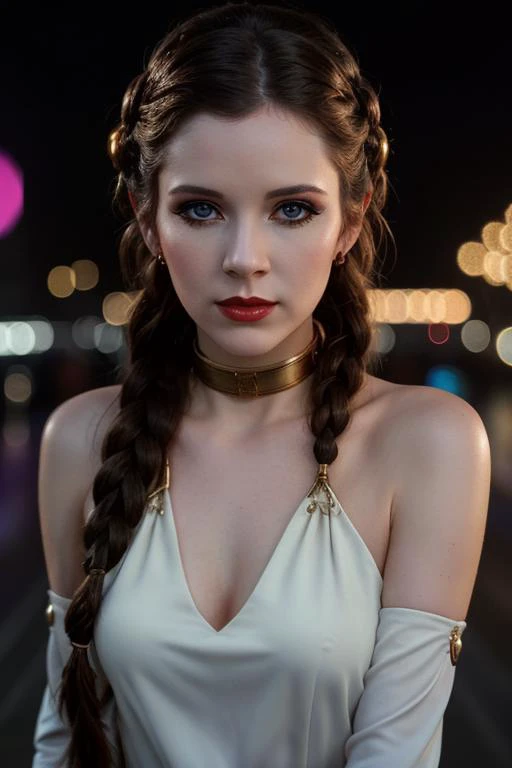 <lora:princessleia-05:0.4>, princessleia,  , photo of a woman, (smug, horny), masterpiece, best quality, 1girl, solo, ((long single braid)), ((pale skin)), ((red lipstick, eyeliner, eye shadow, blush)), ((fancy scifi dress)), ((walking, outdoors, detailed ...